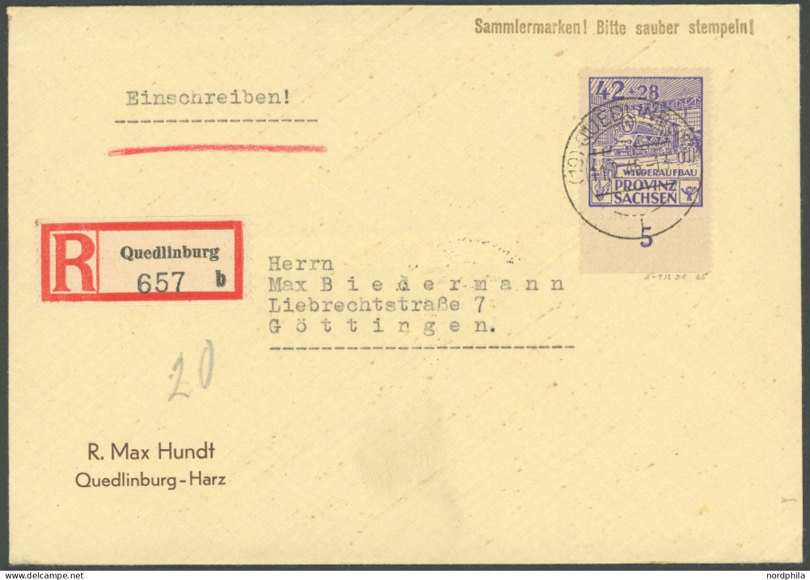 PROVINZ SACHSEN 89A BRIEF, 1946, 42 Pf. Wiederaufbau, Gezähnt, Unterrandstück, Einzelfrankatur Auf Einschreibbrief Aus Q - Sonstige & Ohne Zuordnung