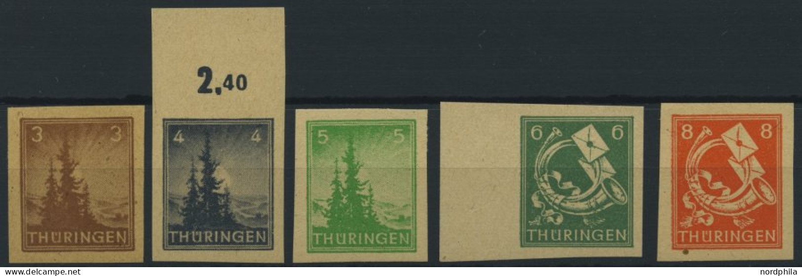 THÜRINGEN 92-97AXU , 1945, 3 - 12 Pf. Freimarken, Vollgummierung, Ungezähnt, 5 Prachtwerte, Mi. 340.- - Andere & Zonder Classificatie