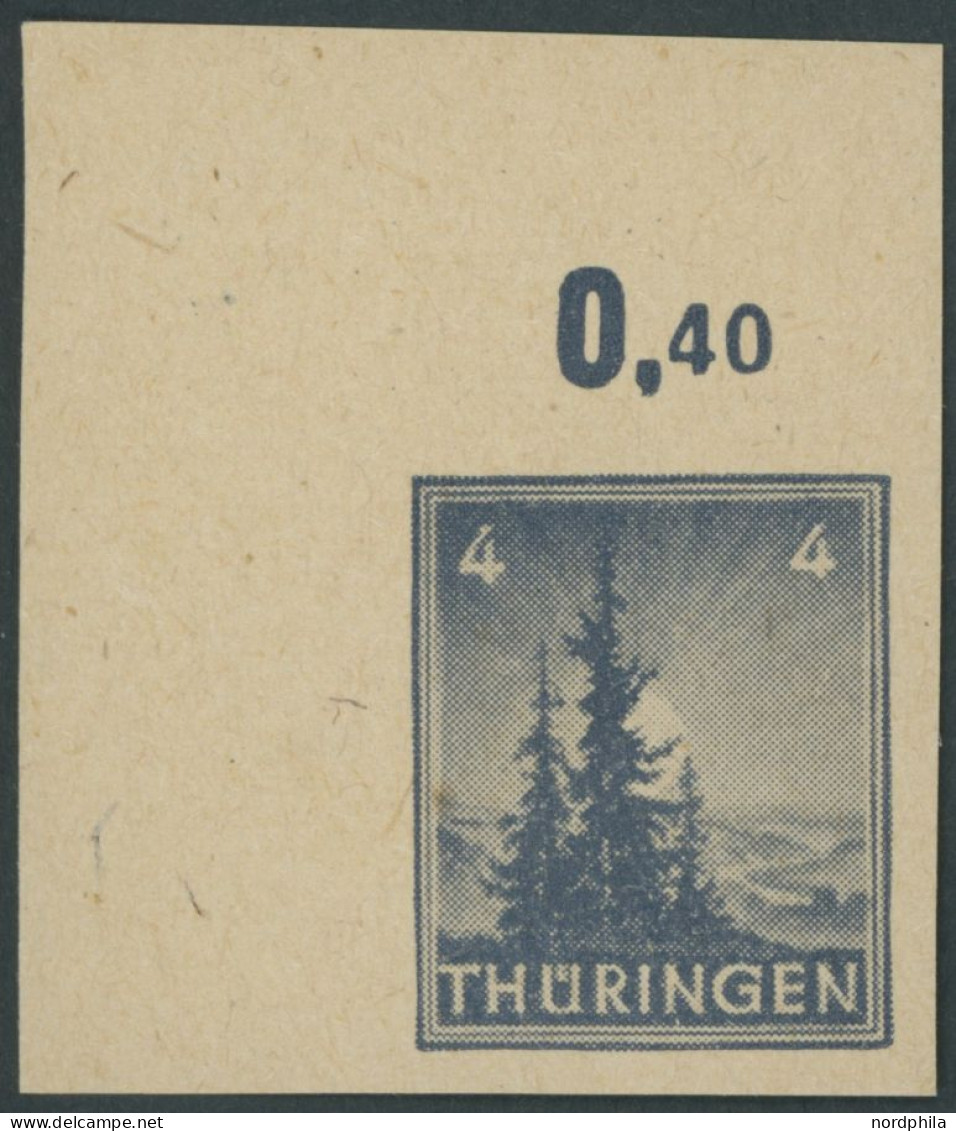 THÜRINGEN 93V1 , 1946, Versuchsdruck: 4 Pf. Schwarzblaugrau, Vollgunmmierung, Ungezähnt, Obere Linke Bogenecke, Pracht - Other & Unclassified