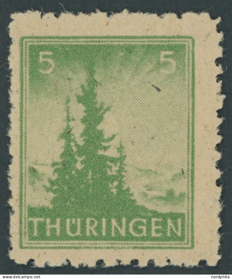 THÜRINGEN 94AYbz2 , 1945, 5 Pf. Dunkelsmaragdgrün, Spargummierung, Dickes Papier, Fallende Papierstreifung, Pracht, RRR! - Sonstige & Ohne Zuordnung