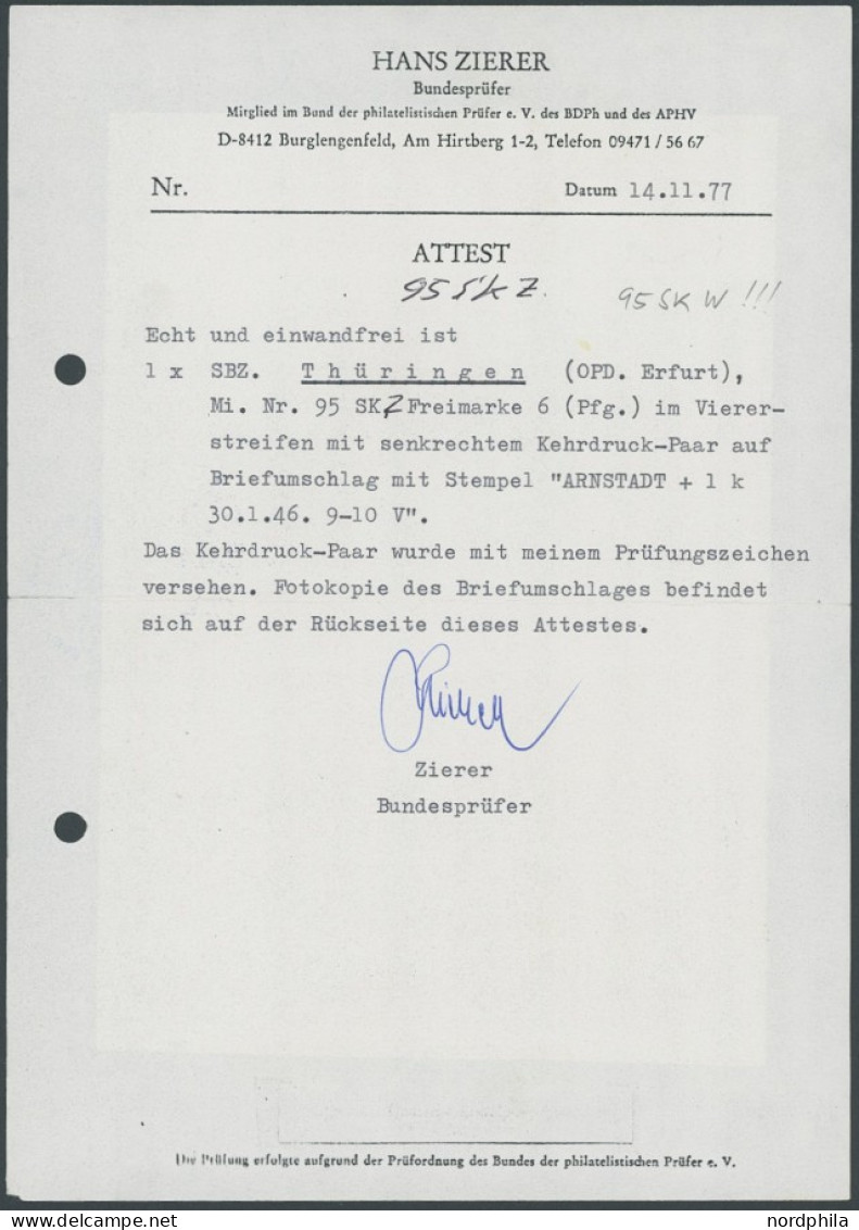 THÜRINGEN 95A SKZ BRIEF, 1945, 6 Pf. Dunkelgrün Im Senkrechten Viererstreifen Mit Kehrdruckpaar Mit Zwischensteg Auf Bri - Andere & Zonder Classificatie