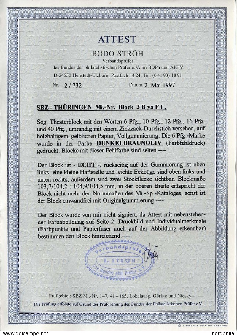 THÜRINGEN Bl. 3Bbya , 1946, Block Nationaltheater, Durchstochen, Mi.Nr. 107 In Bräunlicholiv, Falzrest, Feinst (kleine R - Sonstige & Ohne Zuordnung