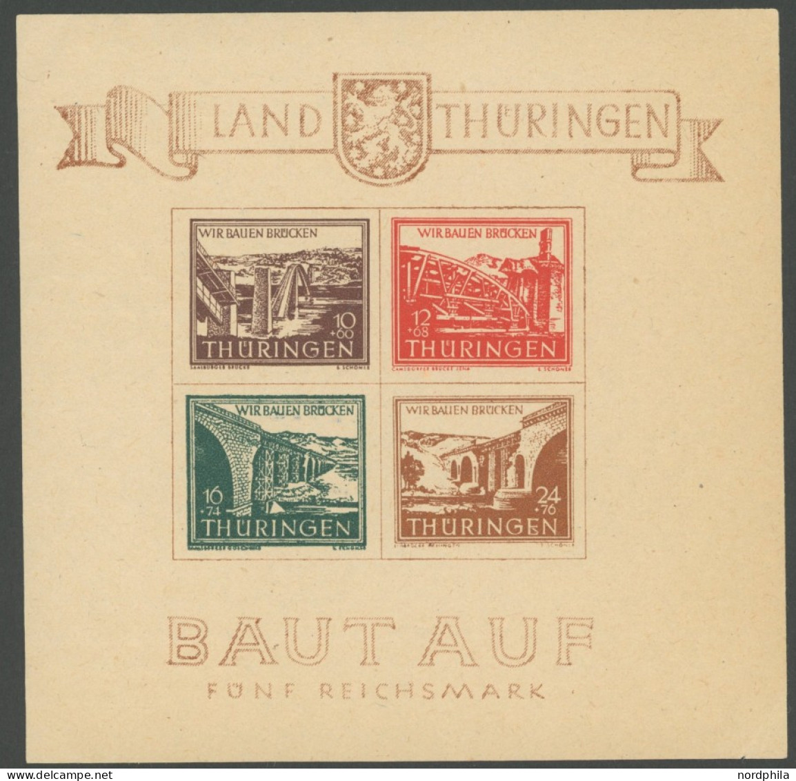 THÜRINGEN Bl. 4a , 1946, Brückenblock, Type I, Postfrisch, Eckbug Sonst Pracht, Mi. 450.- - Autres & Non Classés