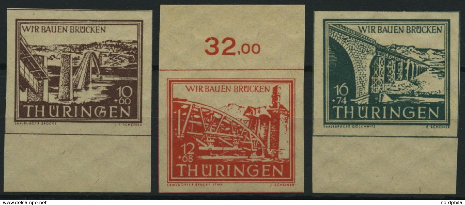 THÜRINGEN 112-14yy , 1946, 10 - 16 Pf. Wiederaufbau, Dünnes Papier, 3 Prachtwerte, Mi. 180.- - Other & Unclassified