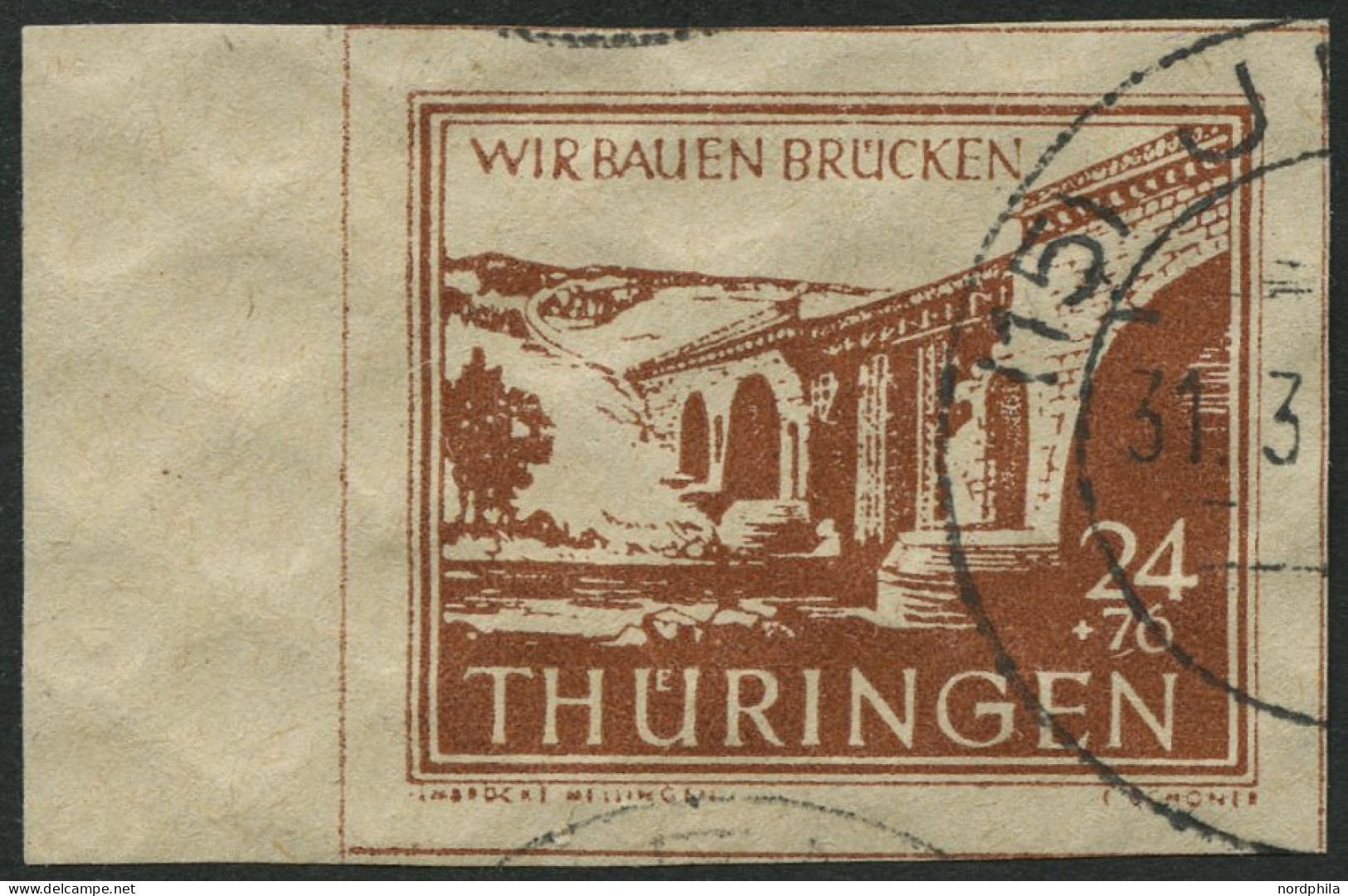 THÜRINGEN 115cy O, 1946, 24 Pf. Mittelrötlichbraun Wiederaufbau, Linkes Randstück, Pracht, Gepr. Ströh, Mi. 65.- - Other & Unclassified