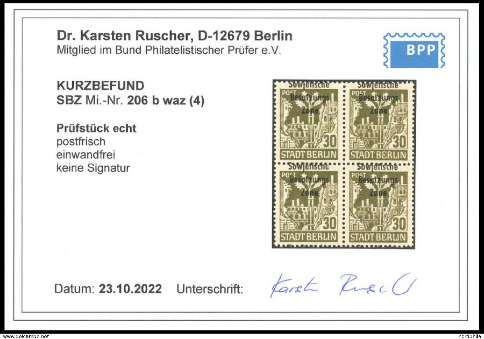 ALLGEMEINE-AUSGABEN 206bwaz VB , 1948, 30 Pf. Schwärzlichbraunoliv Im Viererblock, Postfrisch, Pracht, Kurzbefund Dr. Ru - Sonstige & Ohne Zuordnung