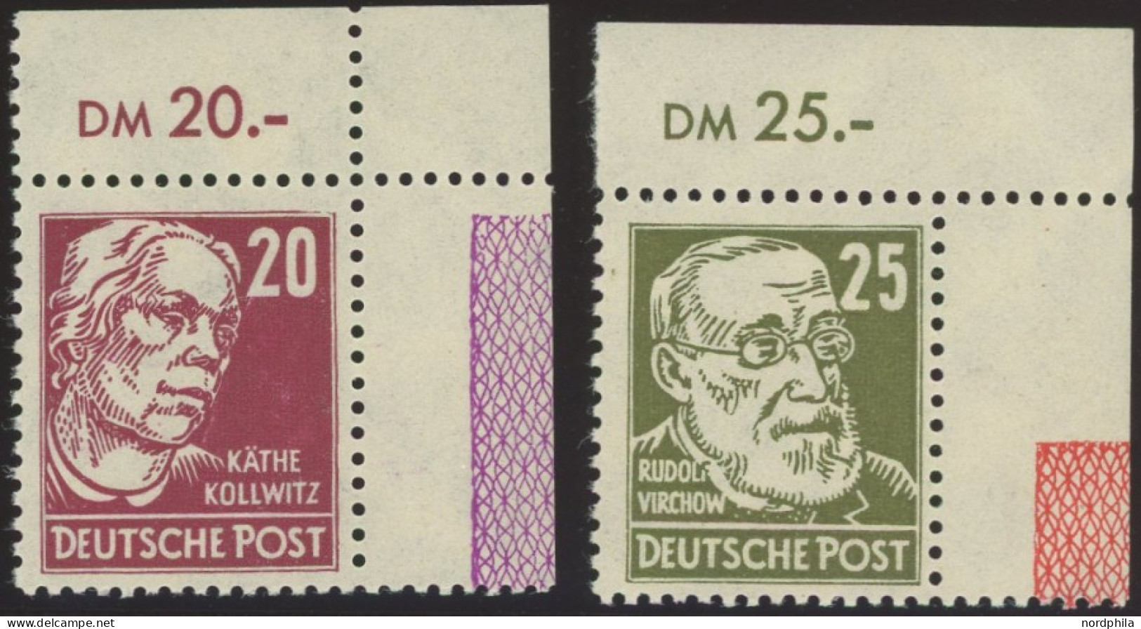 ALLGEMEINE-AUSGABEN 219,221 RL 1 , 1948, 20 Pf. Kollwitz Und 25 Pf, Virchow, Je Aus Der Rechten Oberen Bogenecke Mit And - Other & Unclassified