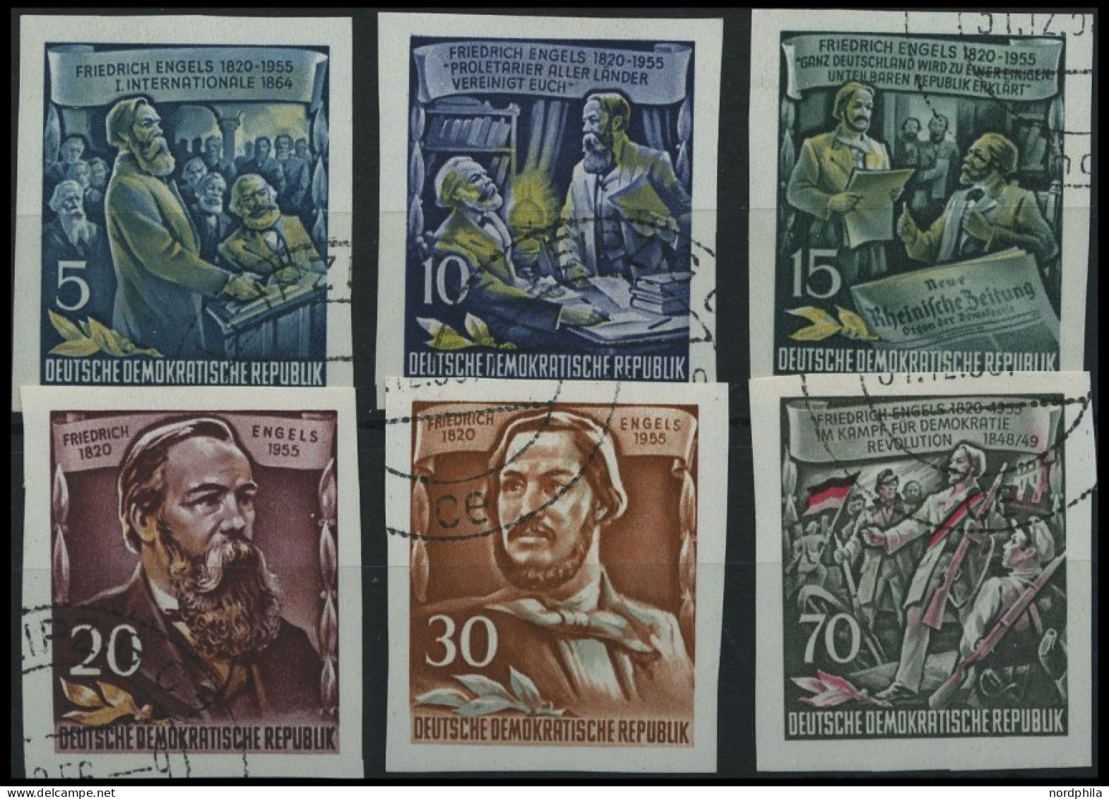 DDR 485-90B O, 1955, Einzelmarken Engels, Ungezähnt, Prachtsatz, Mi. 60.- - Gebruikt