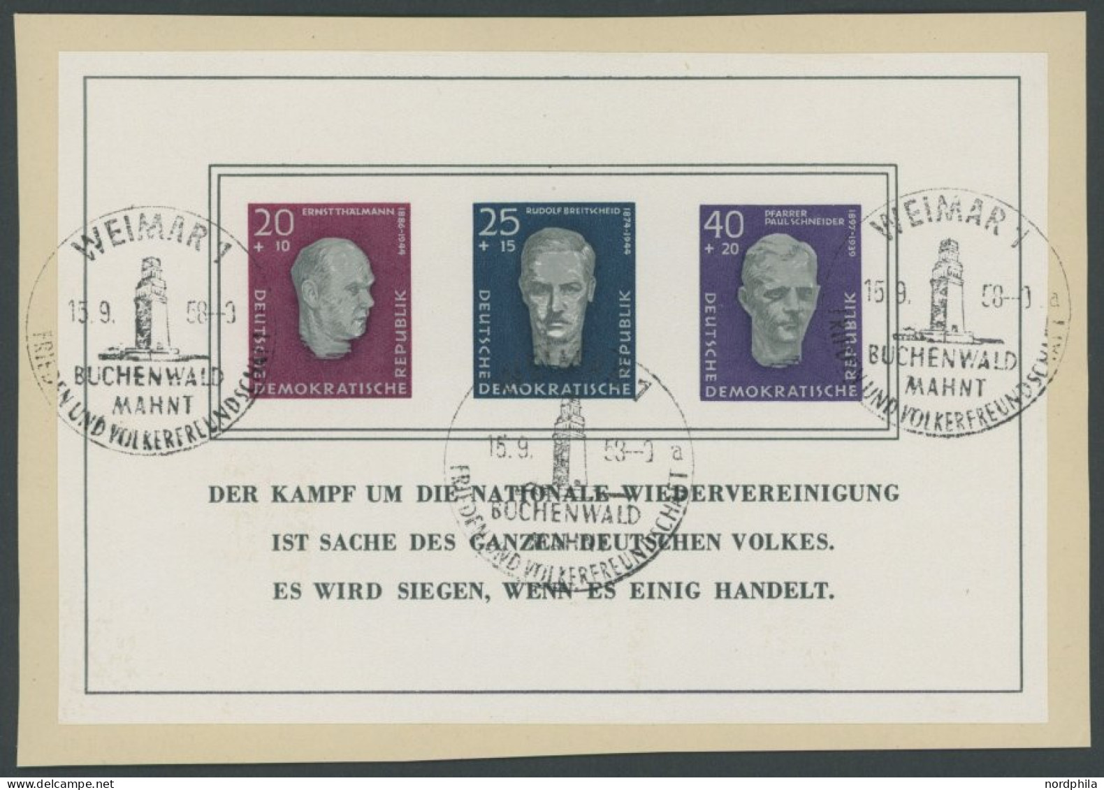 DDR Bl. 15 O, 1958, Block Buchenwald, Ersttags-Sonderstempel, Pracht, Mi. 130.- - Sonstige & Ohne Zuordnung