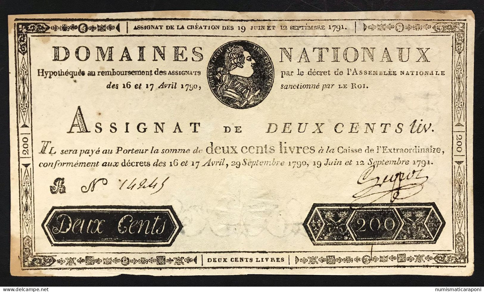 Francia France Assignat De 200 Livres 12 09 1791 Raro Bb+ Lotto.1183 Bis - ...-1889 Franchi Antichi Circolanti Durante Il XIX Sec.
