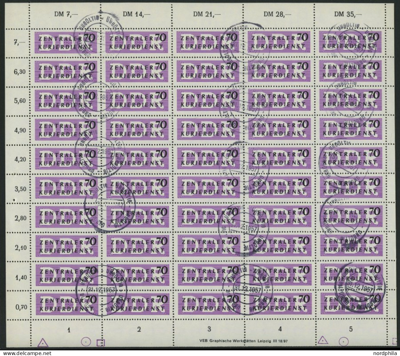 DIENSTMARKEN B D 9 O, 1956, 70 Pf. ZKD Im Vollständigen Bogen (50) Mit Druckvermerk Und Abart 9I, Stempel Ungültig, Prac - Autres & Non Classés