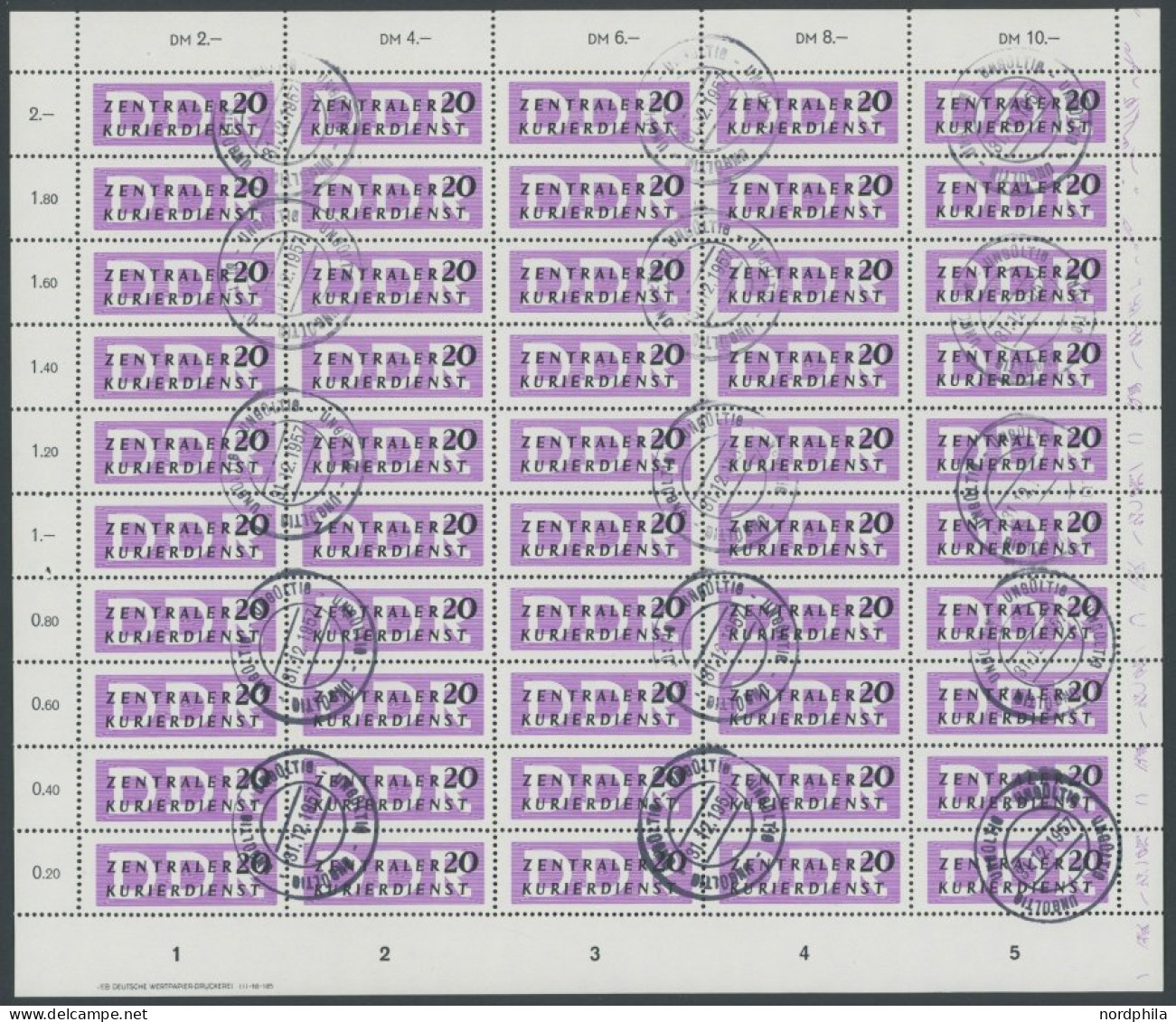 DIENSTMARKEN B D II O, Nicht Ausgegeben: 1957, 20 Pf. Mittelviolettpurpur Im Bogen (50) Mit Ungültig-Stempeln, Mit Druck - Other & Unclassified