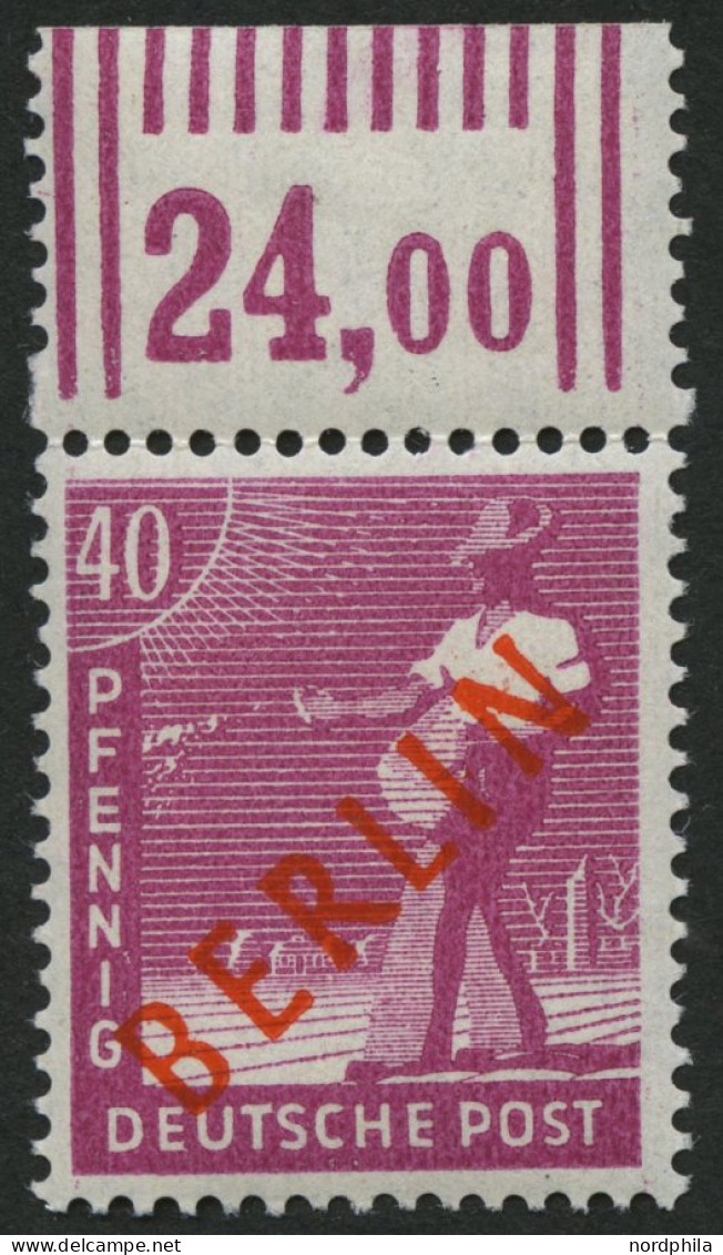 BERLIN 29WOR , 1949, 40 Pf. Rotaufdruck, Walzendruck, Oberrandstück, Pracht, Gepr. D. Schlegel, Mi. 400.- - Ungebraucht