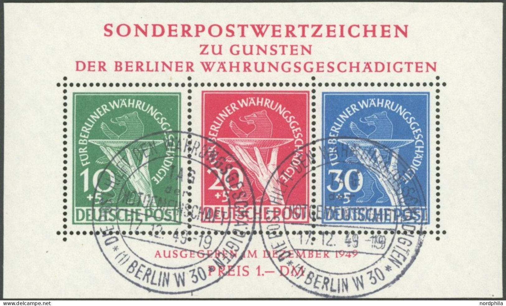 BERLIN Bl. 1 O, 1949, Block Währungsgeschädigte, Ersttags-Sonderstempel, Pracht, Fotoattest H.G. Schlegel, Mi. 2200.- - Other & Unclassified