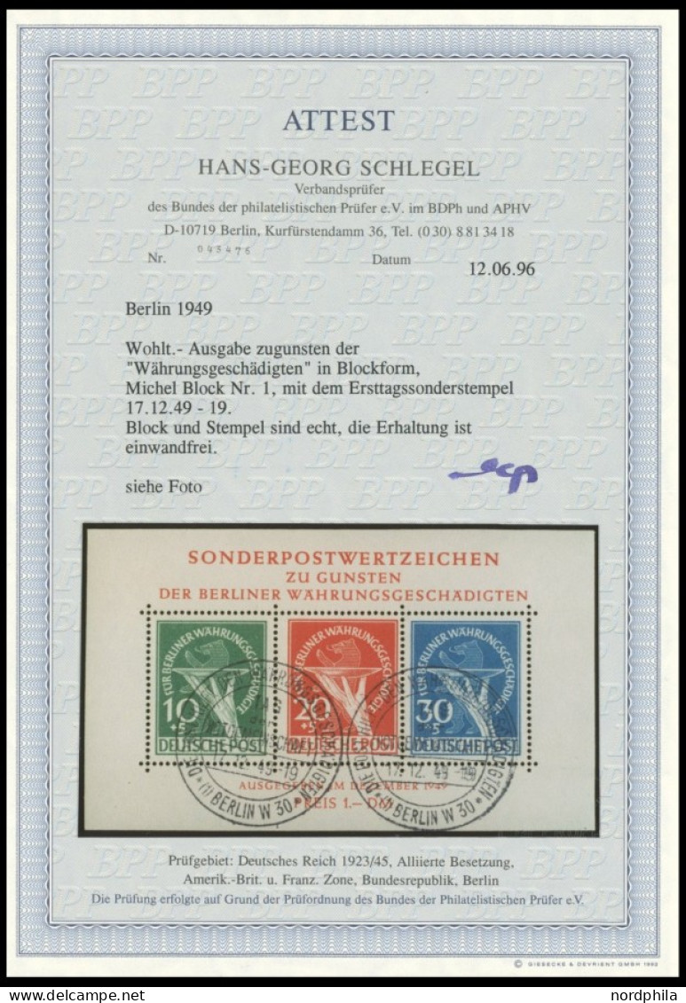 BERLIN Bl. 1 O, 1949, Block Währungsgeschädigte, Ersttags-Sonderstempel, Pracht, Fotoattest H.G. Schlegel, Mi. 2200.- - Andere & Zonder Classificatie
