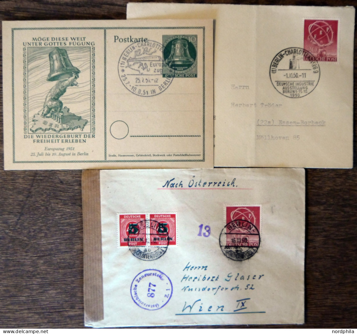 BERLIN 71 BRIEF, 1950, 20 Pf. ERP Auf FDC Und Auf Zensurbrief Mit 2x Mi.Nr. 64, Dazu 10 Pf. Glocke Links- Ganzsachenkart - Other & Unclassified