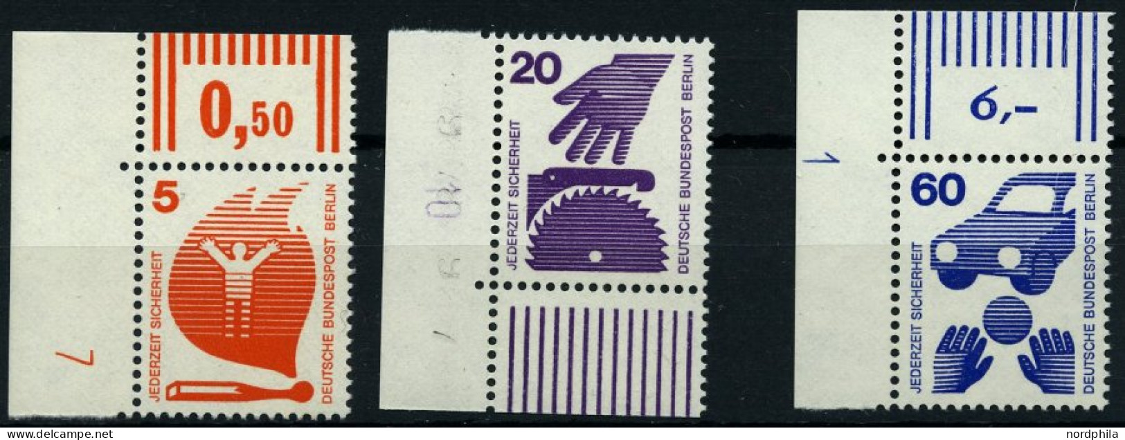 BERLIN 402,404,409A DZ , 1971/2, 5, 20 Und 60 Pf. Unfallverhütung, 3 Eckrandstücke Mit Druckereizeichen, Pracht, Mi. 120 - Nuovi