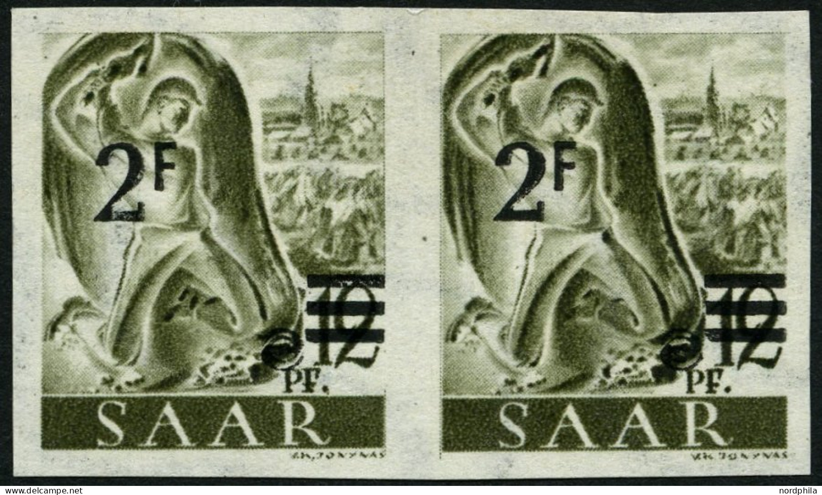 SAARLAND 229YIU Paar , 1947, 2 Fr. Auf 12 Pf. Schwarzgrauoliv, Wz. 1Y, Ungezähnt, Im Waagerechten Paar, Pracht, Gepr. Ar - Other & Unclassified