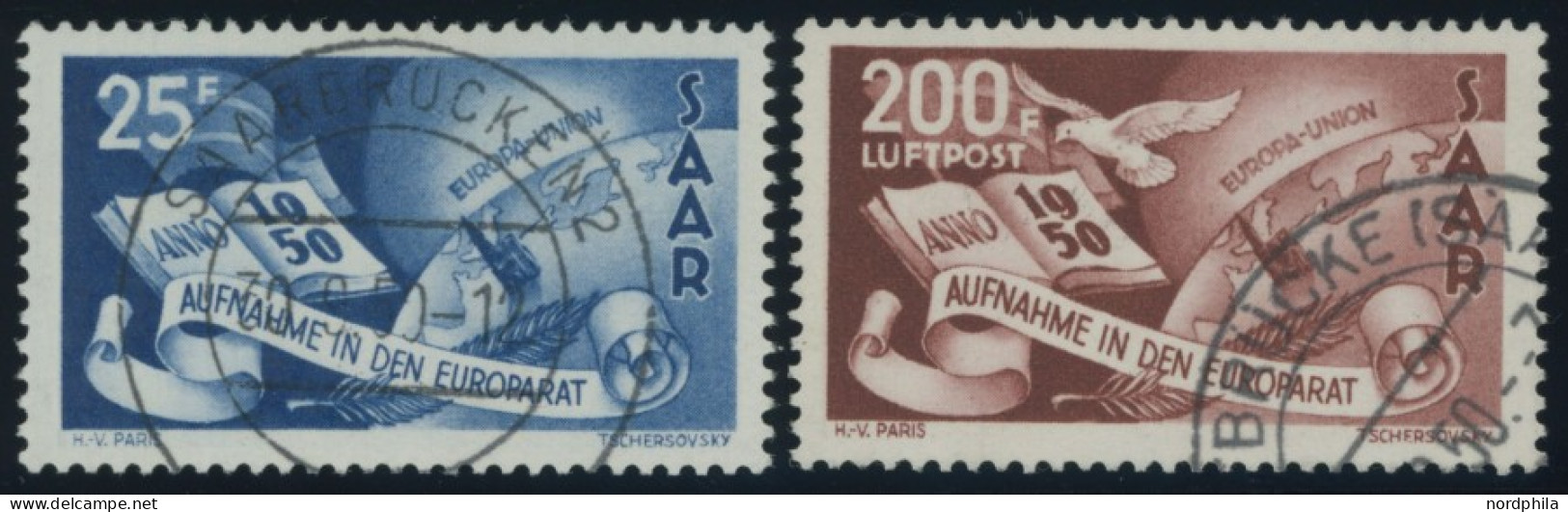 SAARLAND 297/8 O, 1950, Europarat, Pracht, Gepr. Ney, Mi. 320.- - Autres & Non Classés