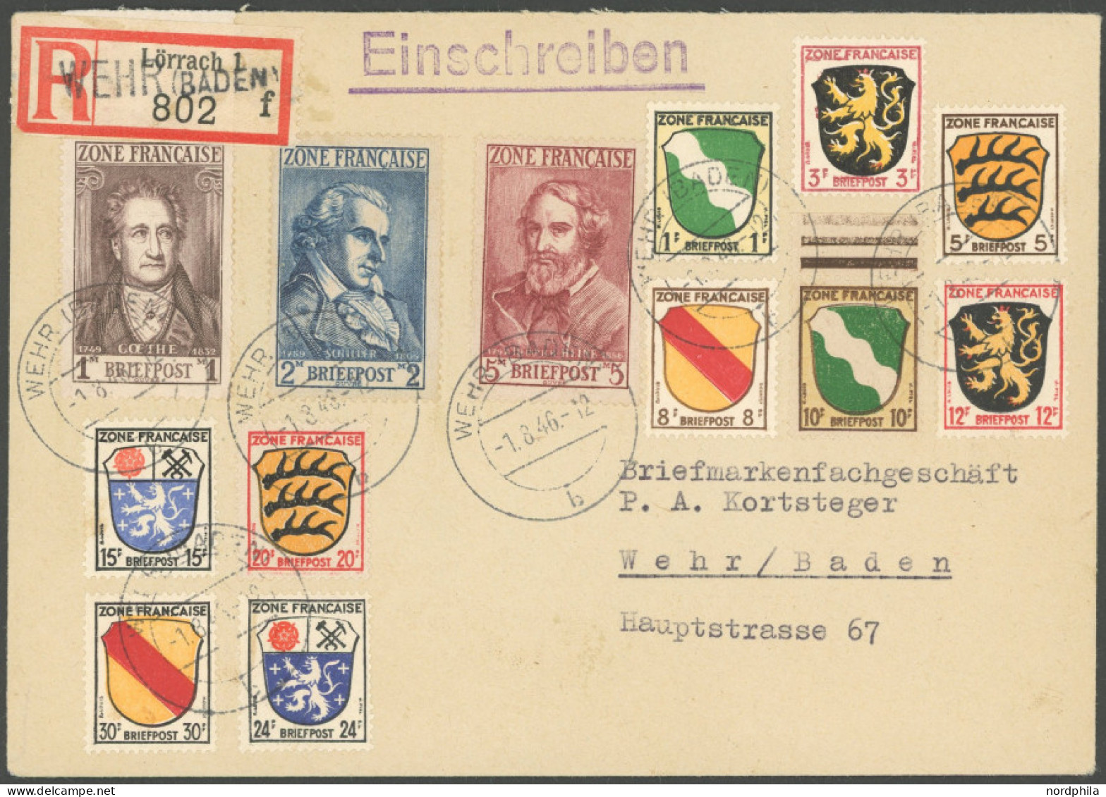 ALLGEMEINE AUSGABEN 1-13 BRIEF, 1945, Wappen Und Dichter Auf überfrankiertem Einschreibbrief Aus WEHR, Pracht, Fotobefun - Andere & Zonder Classificatie