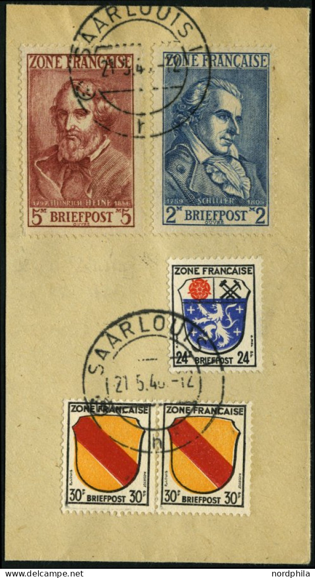 ALLGEMEINE AUSGABEN 12/3 BrfStk, 1945, 2 M. Schiller Und 5 M. Heine Mit Zusatzfrankatur Auf Briefstück, Stempel SAARLOUI - Andere & Zonder Classificatie