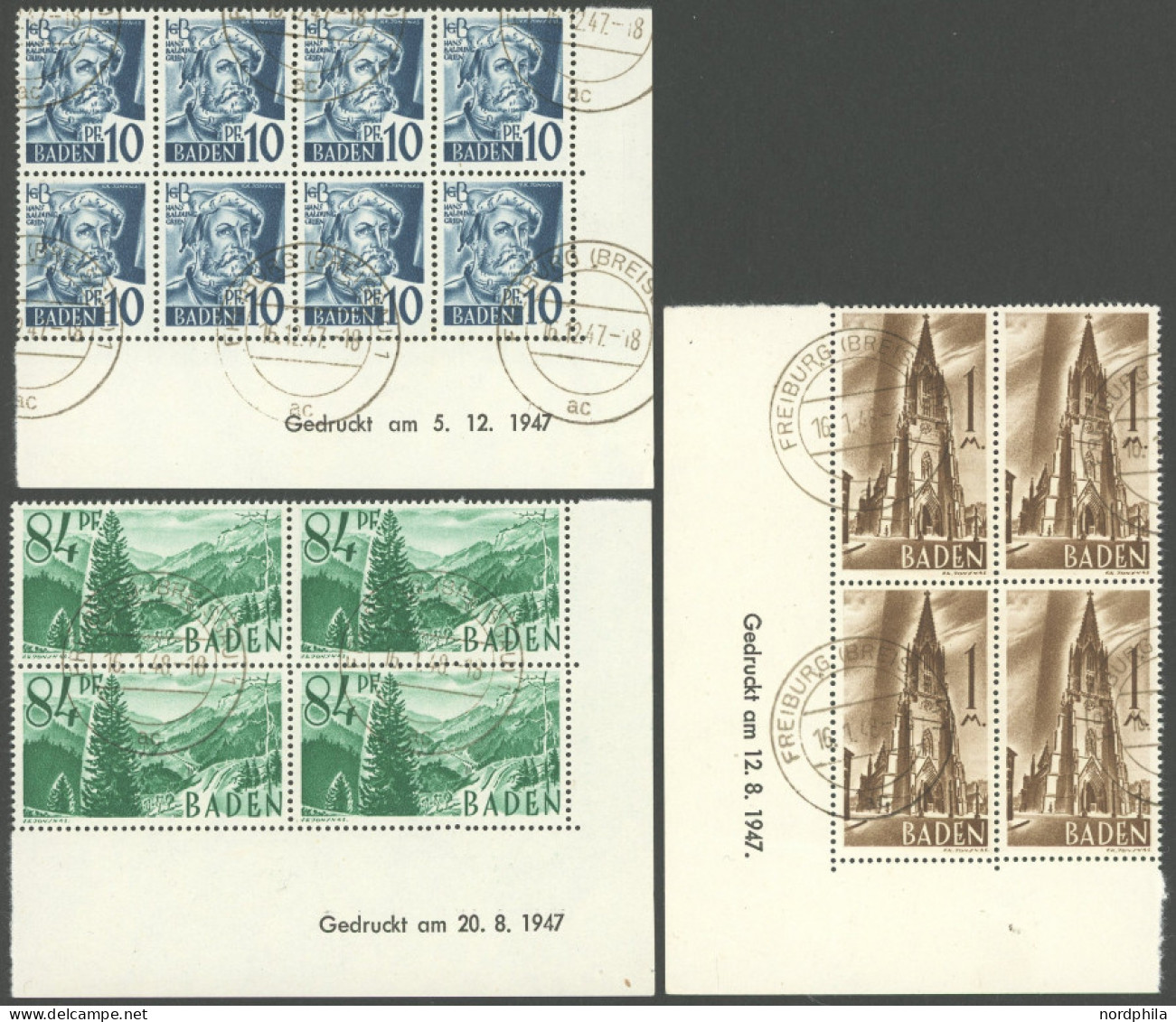 BADEN 3,12/3 O, 1947, 10, 84 Pf. Und 1 M. Persönlichkeiten Und Ansichten, Je Im Eckrandviererblock Mit Komplettem Druckd - Other & Unclassified