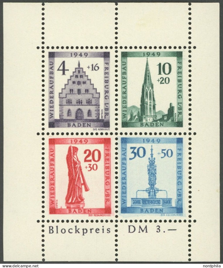 BADEN Bl. 1AI , 1949, Block Freiburg, Gezähnt, Mit Abart Sirene Neben Sockel Des Engels, Postfrisch, Pracht, Mi. 300.- - Other & Unclassified