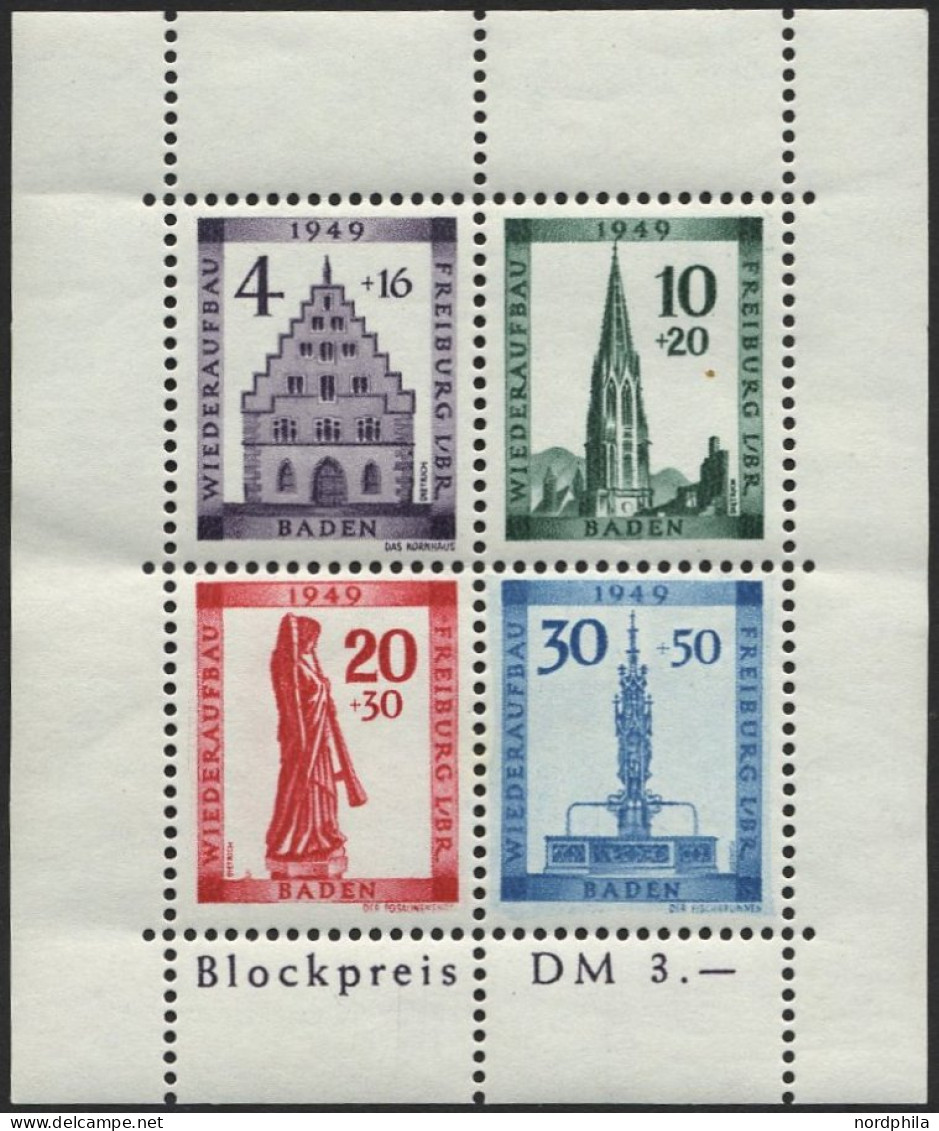 BADEN Bl. 1AI , 1949, Block Freiburg, Gezähnt, Mit Abart Sirene Neben Sockel Des Engels, Feinst, Mi. 300.- - Sonstige & Ohne Zuordnung