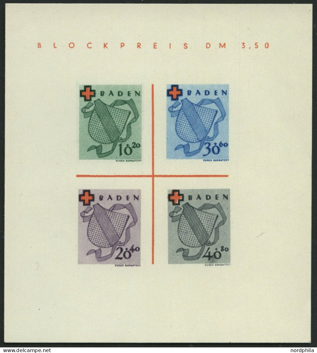 BADEN Bl. 2II/II , 1949, Block Rotes Kreuz, Type II: Farbfleck Unten An Der 40, Pracht, Mi. 140.- - Sonstige & Ohne Zuordnung