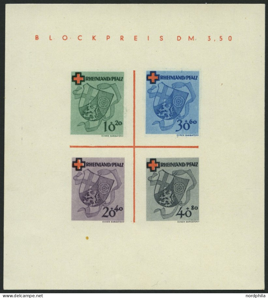 RHEINLAND PFALZ Bl. 1I/V , 1949, Block Rotes Kreuz, Type V: Roter Querbalken Des B In Blockpreis Verdickt, Pracht, Mi. 1 - Sonstige & Ohne Zuordnung