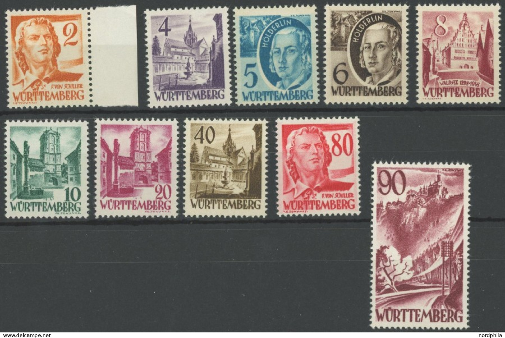 WÜRTTEMBERG 28-37 , 1948, Freimarken, Ohne Währungsangabe, Falzrest, Prachtsatz, Mi. 90.- - Autres & Non Classés