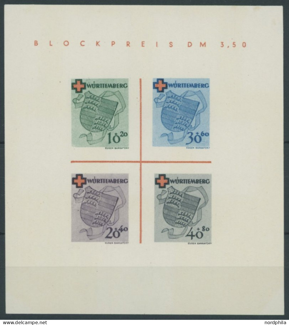 WÜRTTEMBERG Bl. 1I/III , 1949, Block Rotes Kreuz, Type III: Zwei Blaue Schräglinien Rechts Von Der 30, Pracht, Mi. 150.- - Sonstige & Ohne Zuordnung