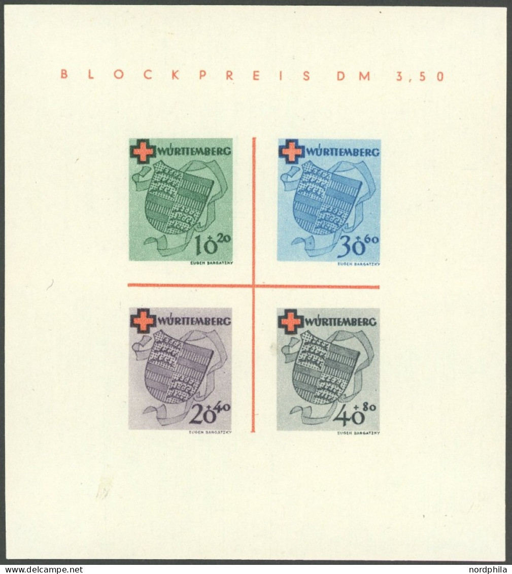 WÜRTTEMBERG Bl. 1I/V , 1949, Block Rotes Kreuz, Type IV: Roter Doppelpunkt Unter R In Blockpreis, Pracht, Mi. 160.- - Sonstige & Ohne Zuordnung