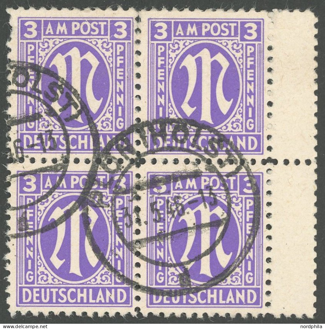 AMERIK. U. BRITISCHE ZONE 1z St VB O, 1945, 3 Pf. Lebhaftblauviolett, Glattes Papier, Im Viererblock Mit 2 Senkrechten S - Autres & Non Classés