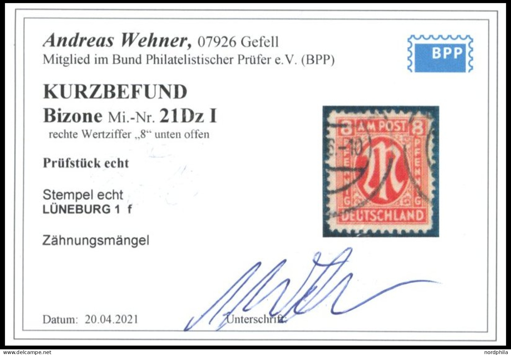 AMERIK. U. BRITISCHE ZONE 21DI O, 1945, 8 Pf. Rötlichorange, Gezähnt L 111/2, Mit Abart 8 Unten Offen, Leichte Zahnmänge - Sonstige & Ohne Zuordnung