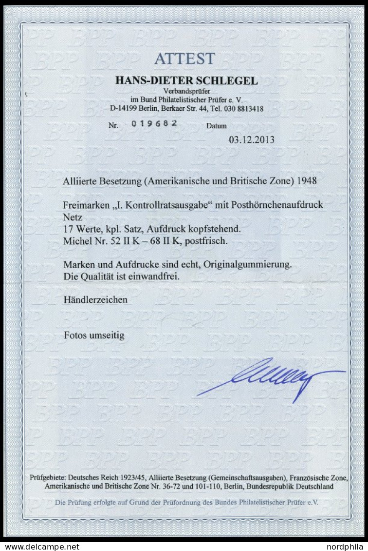 AMERIK. U. BRITISCHE ZONE 52-68IIK , 1948, Netzaufdruck, Mit Kopfstehenden Aufdrucken, Prachtsatz (17 Werte), Fotoattest - Other & Unclassified