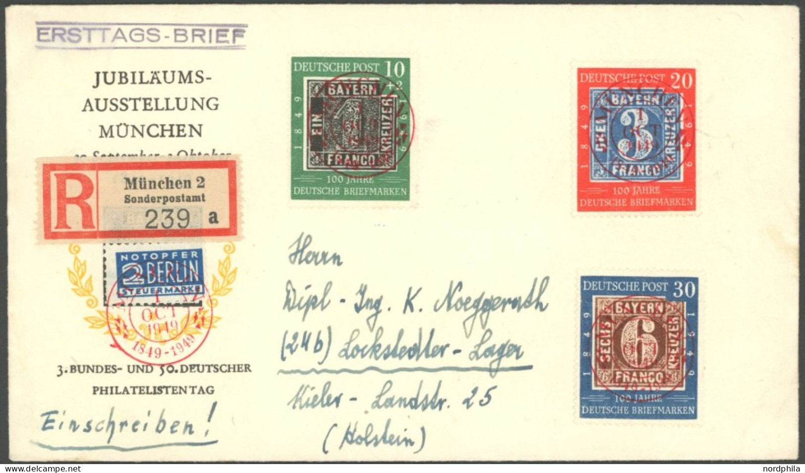 BUNDESREPUBLIK 113-15 BRIEF, 1949, 100 Jahre Briefmarken Mit Roten Sonderstempeln Auf Einschreibbrief, Pracht - Other & Unclassified