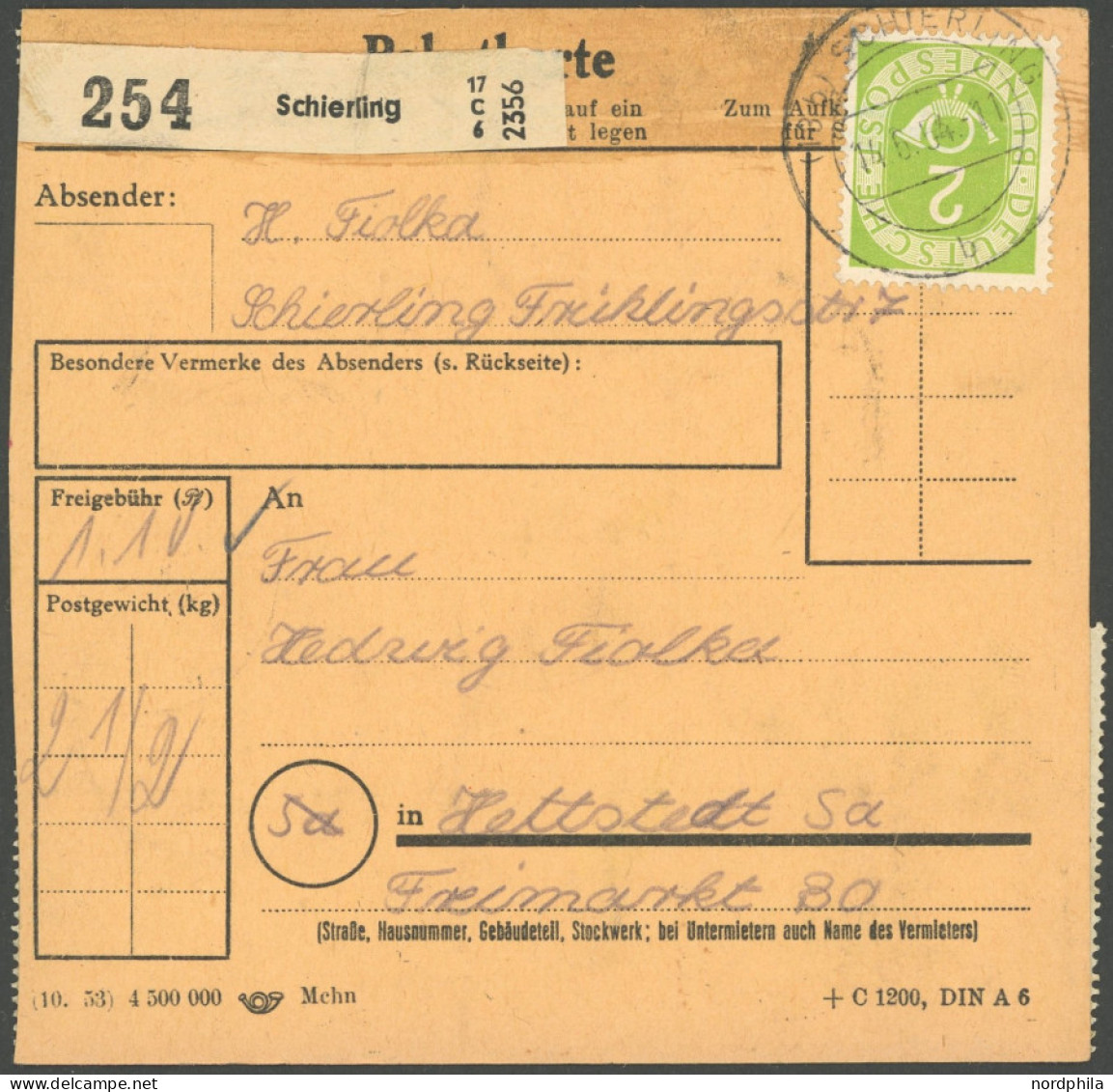 BUNDESREPUBLIK 126 BRIEF, 1954, 6 Pf. Posthorn, Achterblock, Viererblock Und 3 Waagerechte Paare Rückseitig Auf Paketkar - Andere & Zonder Classificatie