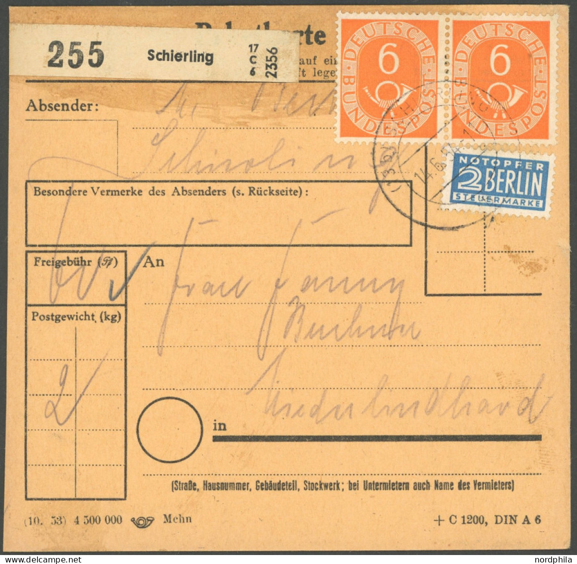 BUNDESREPUBLIK 126 BRIEF, 1954, 6 Pf. Posthorn Im Achterblock (rückseitig) Und Waagerechten Paar Als Seltene Mehrfachfra - Sonstige & Ohne Zuordnung