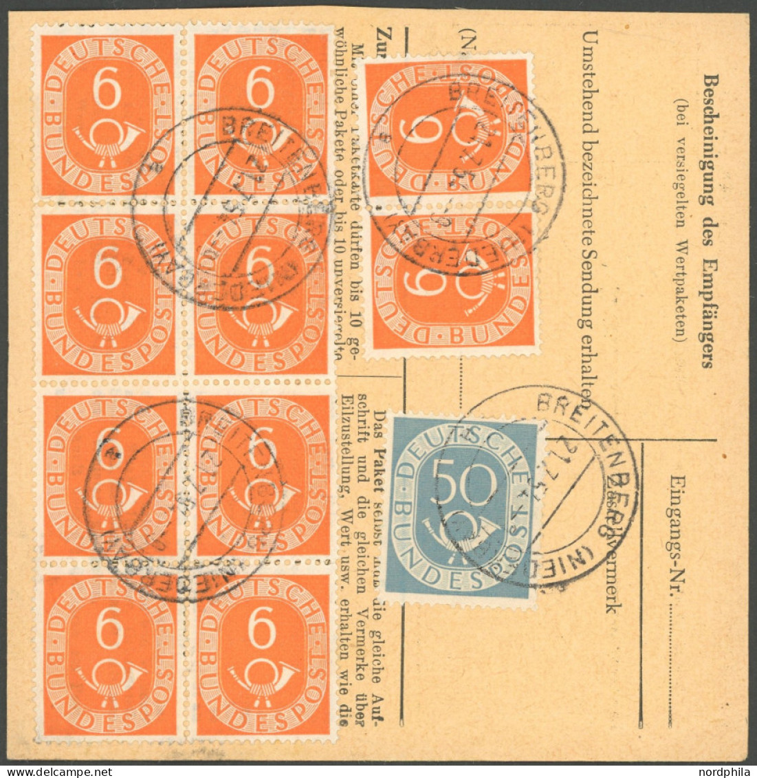 BUNDESREPUBLIK 126 BRIEF, 1954, 6 Pf. Posthorn Im Achterblock Und Waagerechten Paar Und 50 Pf. Posthorn Zusatzfrankatur  - Andere & Zonder Classificatie