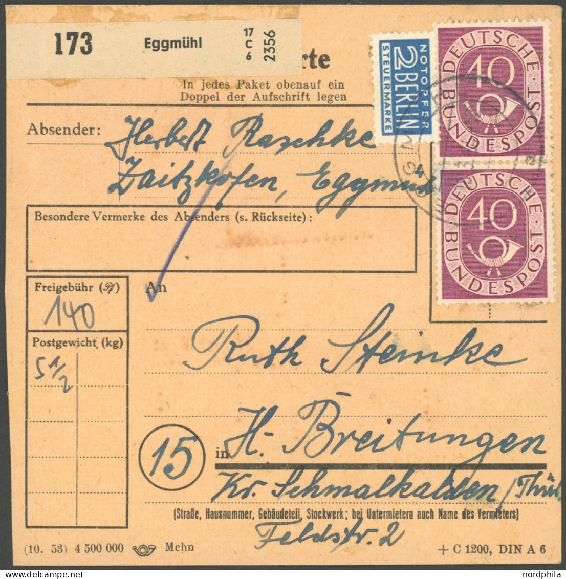 BUNDESREPUBLIK 126 BRIEF, 1954, 6 Pf. Posthorn Im Achterblock Rückseitig Auf Paketkarte Mit Zusatzfrankatur Aus EGGMÜHL, - Andere & Zonder Classificatie