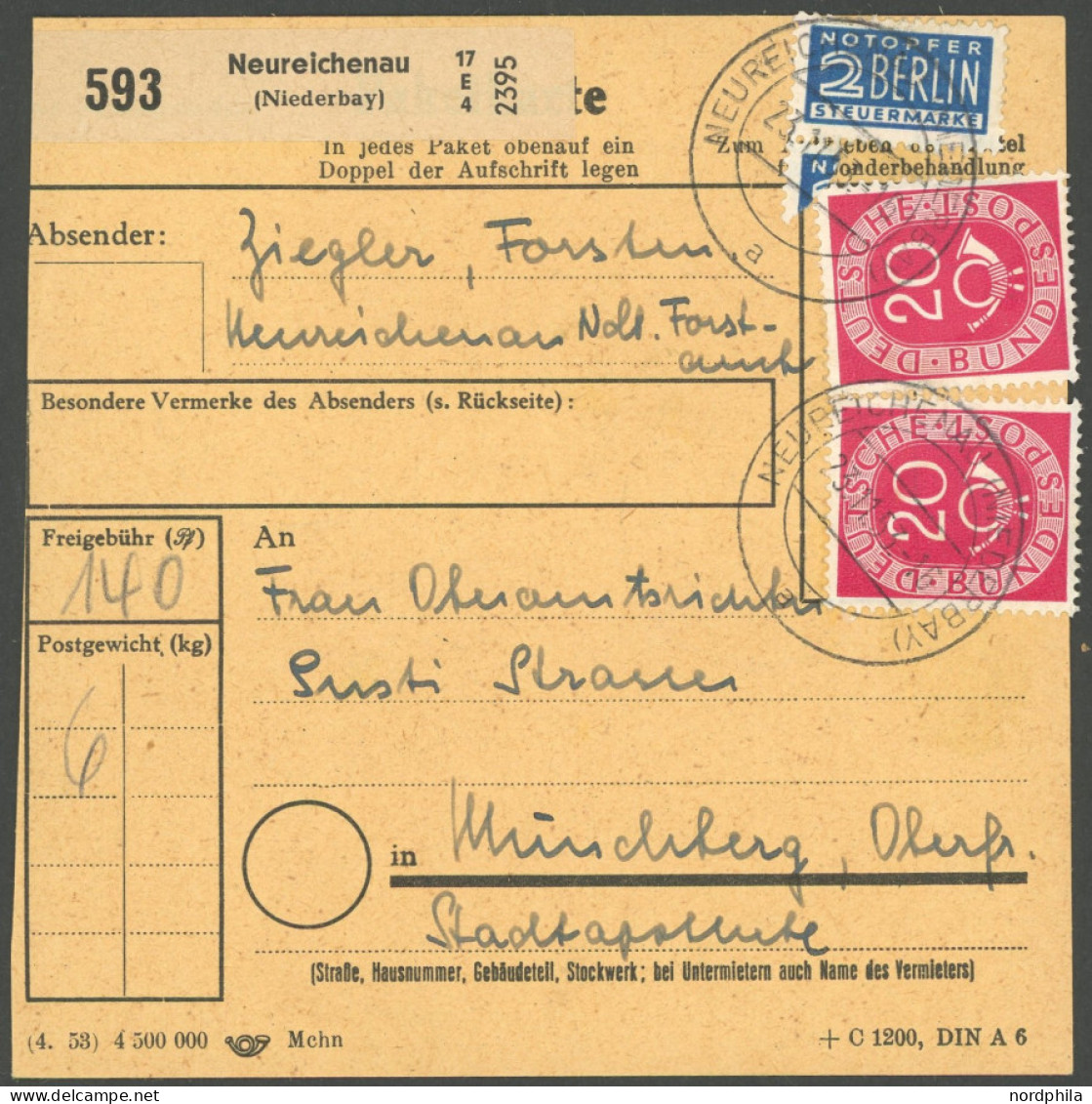 BUNDESREPUBLIK 130 BRIEF, 1954, 20 Pf. Posthorn Im Fünferblock (rückseitig) Und Zusatzfrankatur Auf Paketkarte Aus NEURE - Autres & Non Classés