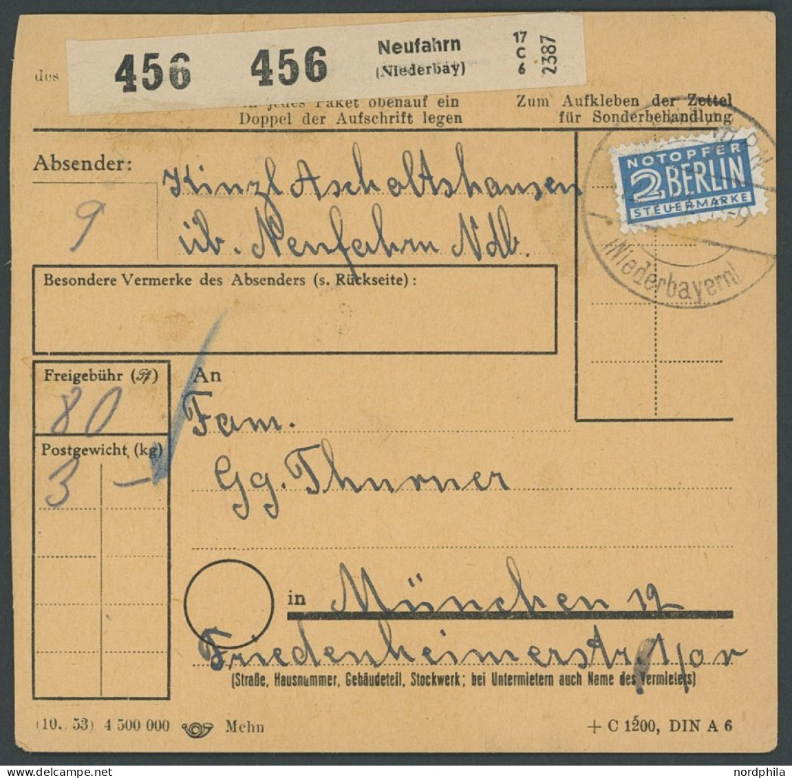 BUNDESREPUBLIK 133II BRIEF, 1951, 40 Pf. Posthorn Mit Abart Kurzer Schräger Strich In Markenfarbe Oben Im Rechten Marken - Briefe U. Dokumente