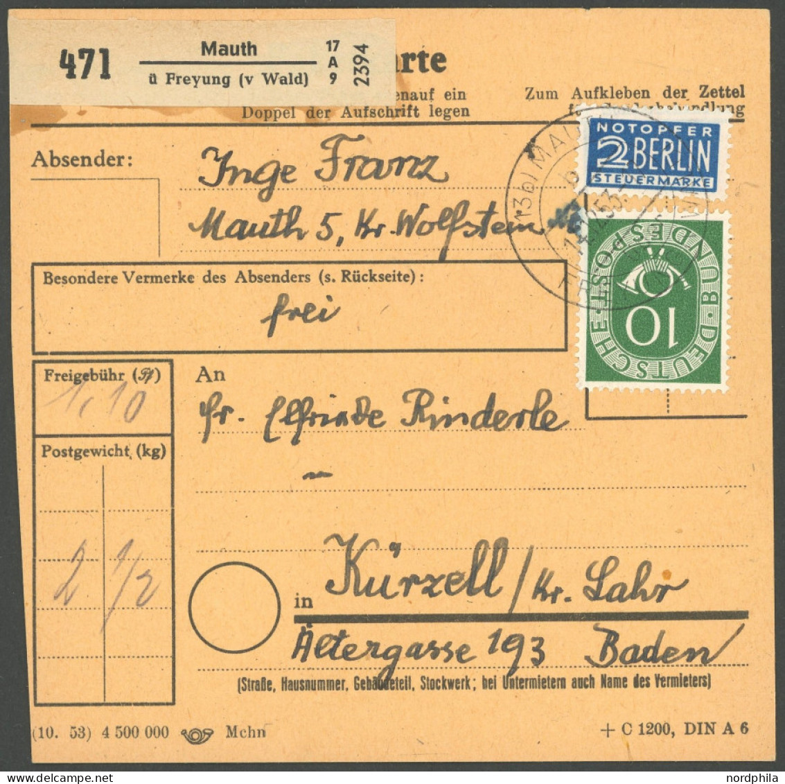 BUNDESREPUBLIK 134 Paar BRIEF, 1953, 50 Pf. Posthorn Im Waagerechten Paar Rückseitig Auf Paketkarte Mit Zusatzfrankatur  - Other & Unclassified