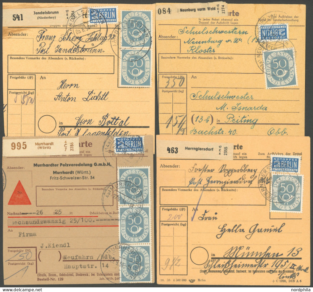 BUNDESREPUBLIK 134 BRIEF, 1954, 50 Pf. Posthorn Auf 4 Paketkarten Mit Verschiedenen Mehrfachfrankaturen (2,3,4 Und 7 Mar - Other & Unclassified