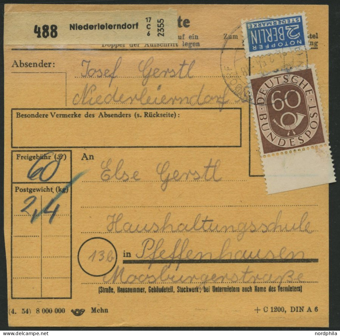 BUNDESREPUBLIK 135 BRIEF, 1954, 60 Pf. Posthorn Mit Unterrand Als Einzelfrankatur Auf Paketkarte Aus NIEDERLEIERNDORF, P - Covers & Documents