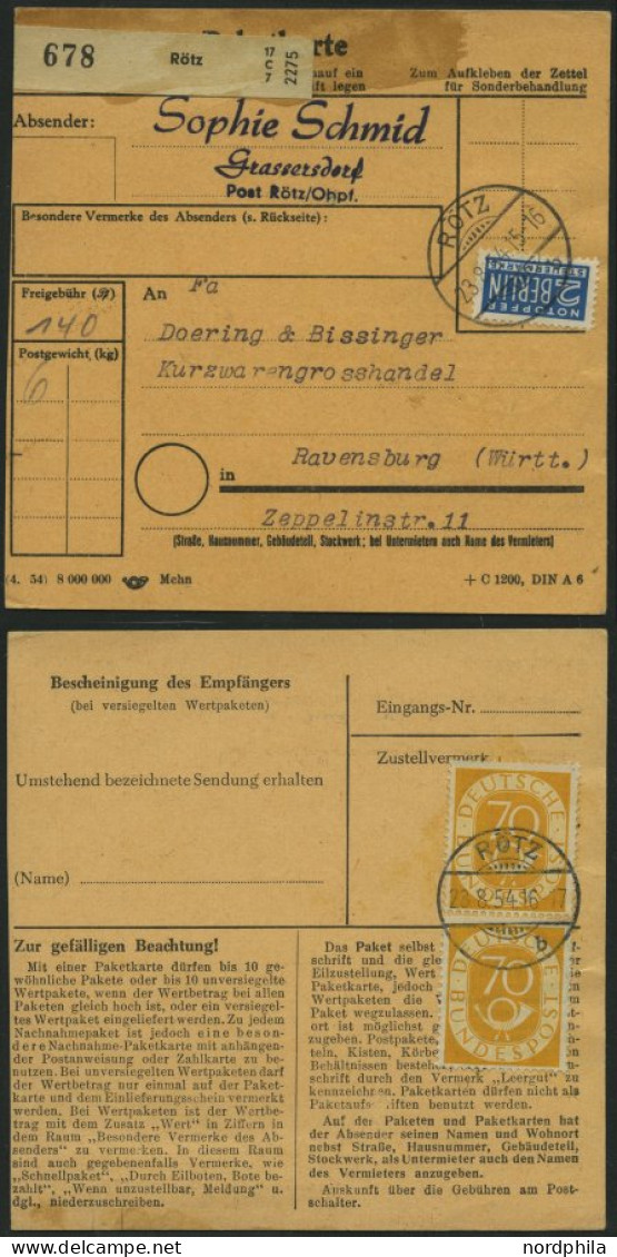 BUNDESREPUBLIK 136 Paar BRIEF, 1954, 70 Pf. Posthorn Im Senkrechten Paar Als Mehrfachfrankatur Rückseitig Auf Paketkarte - Covers & Documents