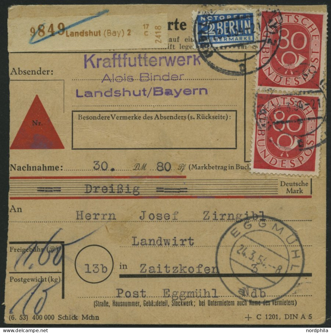 BUNDESREPUBLIK 137 Paar BRIEF, 1954, 80 Pf. Posthorn Im Senkrechten Paar Als Mehrfachfrankatur Auf Nachnahme-Paketkarte  - Covers & Documents