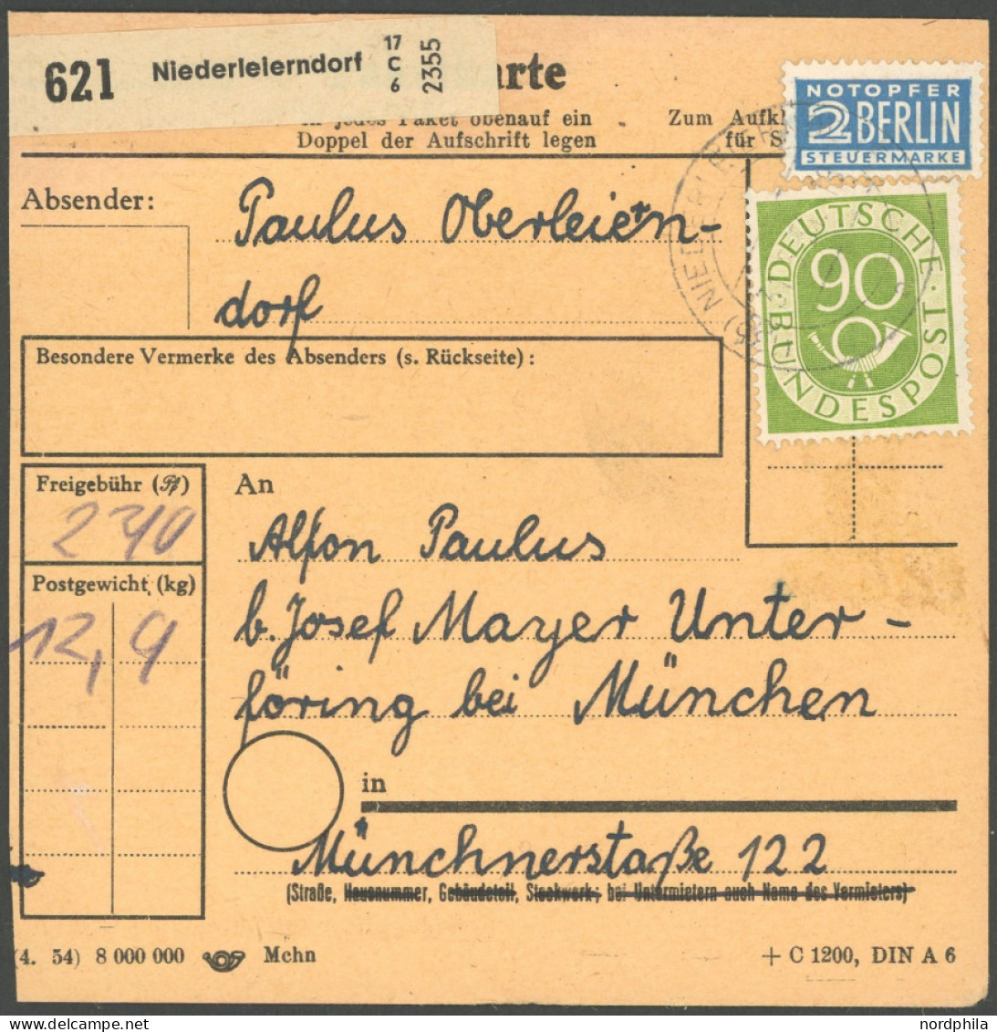 BUNDESREPUBLIK 138 BRIEF, 1954, 90 Pf. Posthorn, 3x Als Mehrfachfrankatur Auf Paketkarte Aus NIEDERLEIERNDORF, Davon 2 W - Other & Unclassified