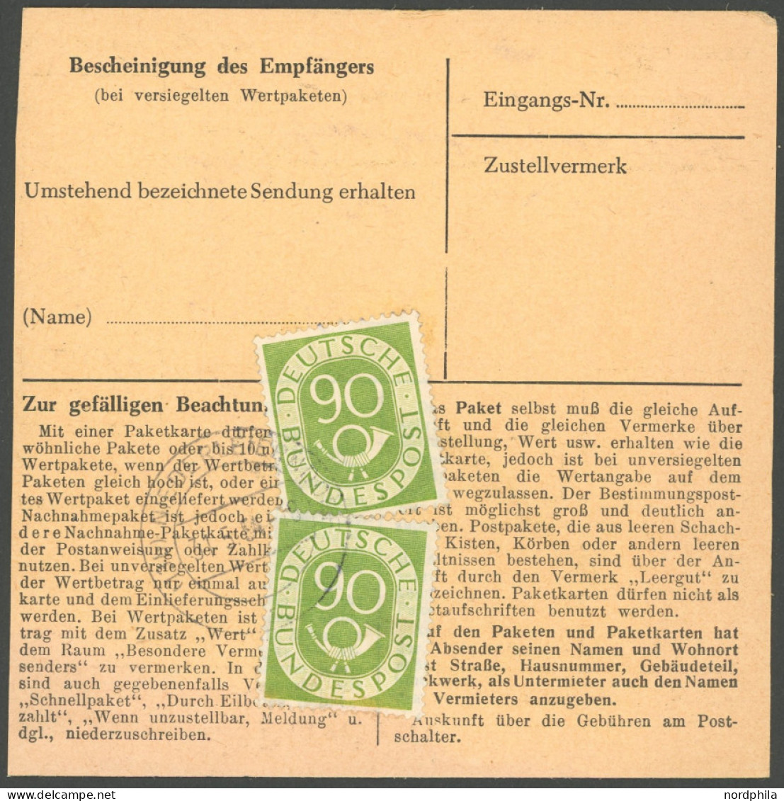 BUNDESREPUBLIK 138 BRIEF, 1954, 90 Pf. Posthorn, 3x Als Mehrfachfrankatur Auf Paketkarte Aus NIEDERLEIERNDORF, Davon 2 W - Sonstige & Ohne Zuordnung